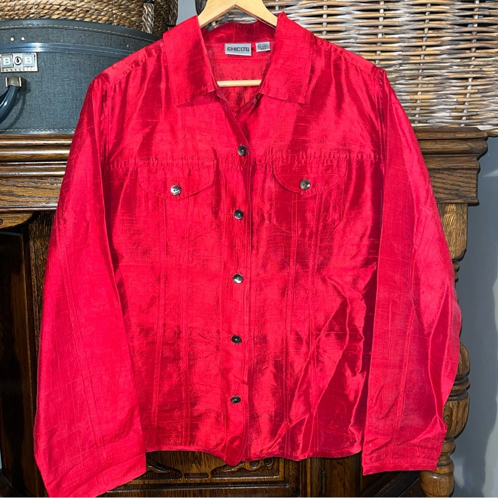 Chico's Red Button-Front Silk Blouse